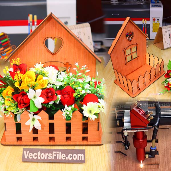 Laser Cut Wooden House Shape Flower Basket Plywood 4mm Vector File
