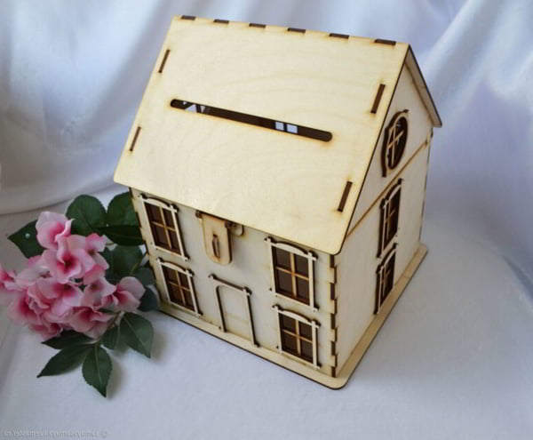 Laser Cut Wooden House Shaped Wedding Money Box CDR File
