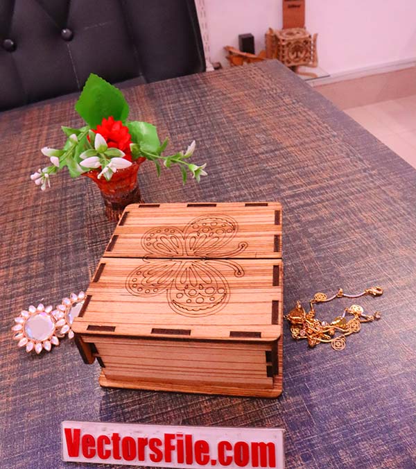 Laser Cut Wooden Jewelry Box with Butterfly Engraving Design Gift Box CDR and DXF File