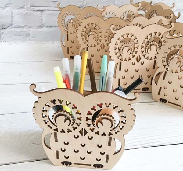 Laser Cut Wooden Owl Pencil Organizer Table Pen Holder DXF and CDR File