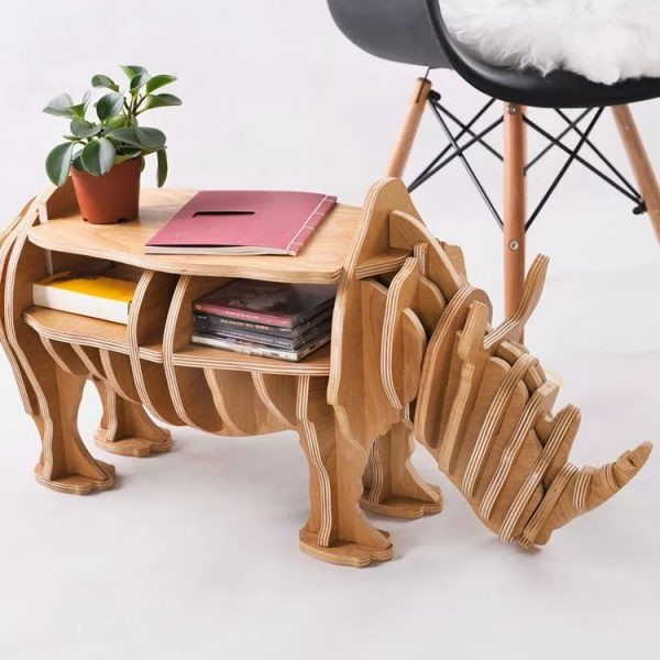Laser Cut Wooden Puzzle Rhino Book Shelf Home Decor Animal Shelf CDR File
