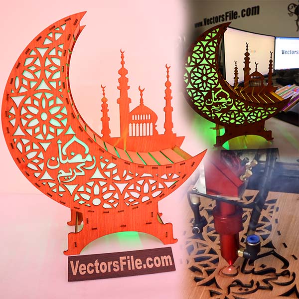 Laser Cut Wooden Ramadan Decoration Night Light Moon Table Lamp CDR and DXF File
