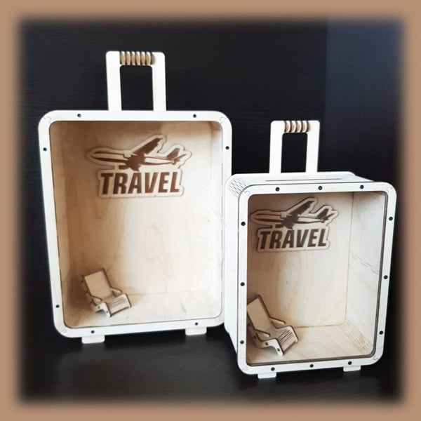 Laser Cut Wooden Travel Piggy Bank Suitcase Model CDR File