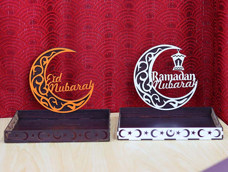 Laser Cut Wooden Tray Ramadan Mubarak Gift Tray Eid Mubarak Tray 3mm Free Vector