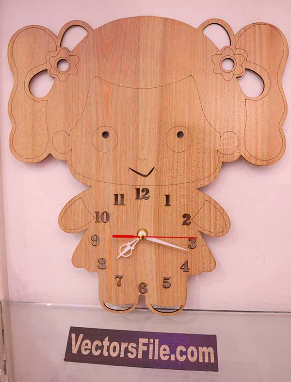 Laser Cut Wooden Wall Clock for Kids Doll Clock Design Kids Clock CDR and DXF File