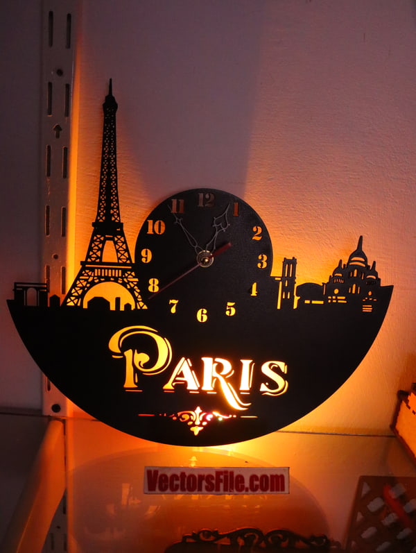 Laser Cut Wooden Wall Paris Clock Eiffel Tower Decorative Wall Clock CDR and DXF File