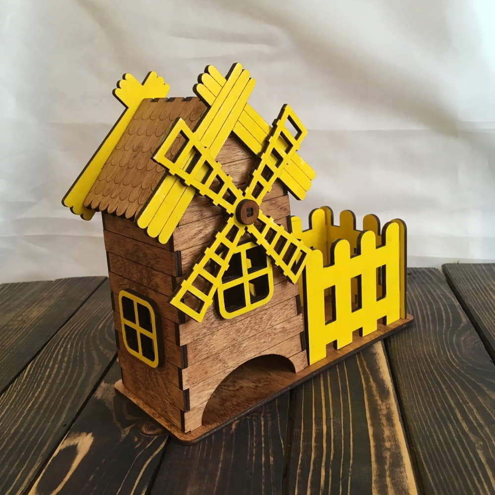 Laser Cut Wooden Windmill Tea House with Candy Box Tea Bag Holder Free Vector