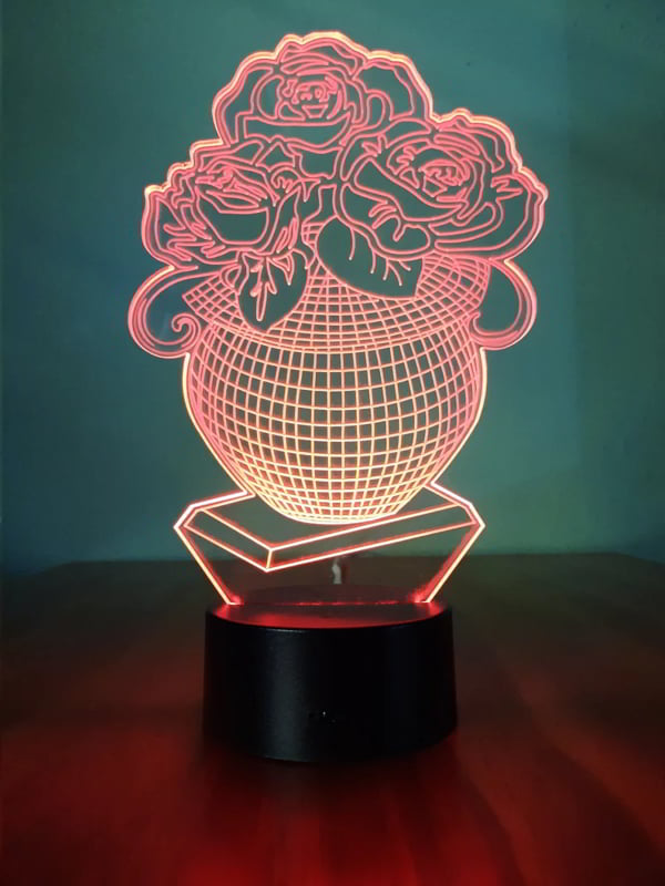 Laser Engraving Rose with Vase 3D illusion LED Night Light Lamp PDF File