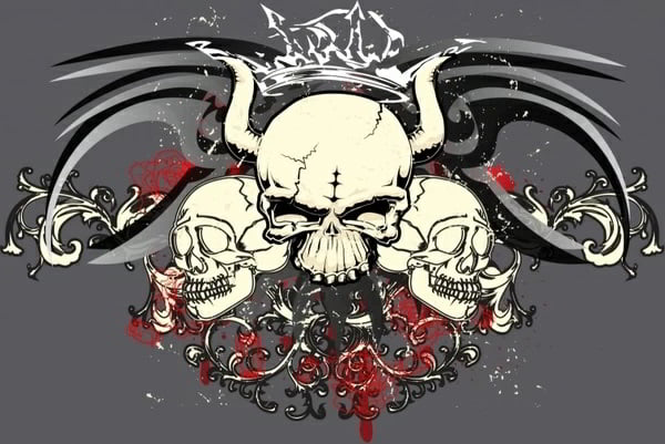 Three Skulls With Wings and Floral Background Free Vector