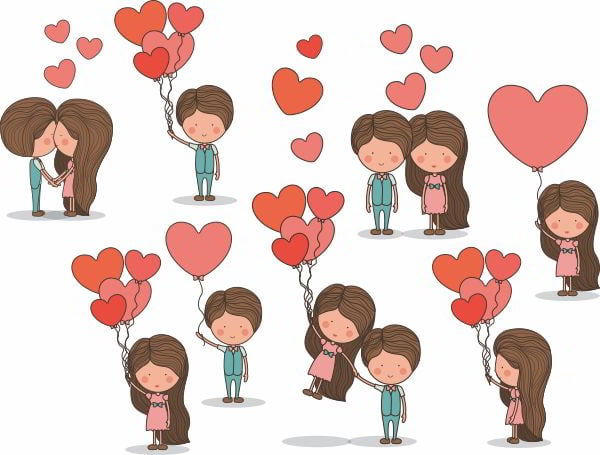 Valentines Day Heart with Couple Icons for Print Free Vector