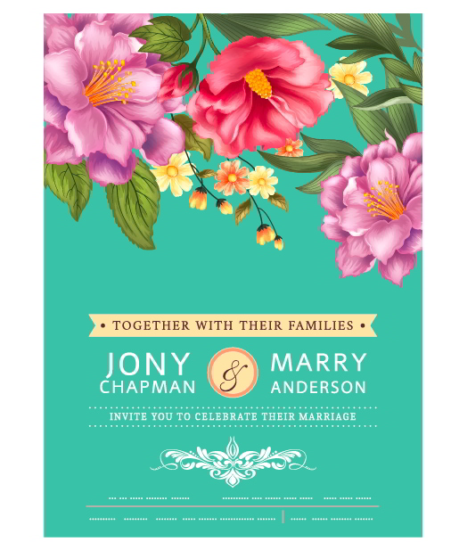Wedding Card Template Colorful Elegant Booming Flora Decor Illustrator Vector File