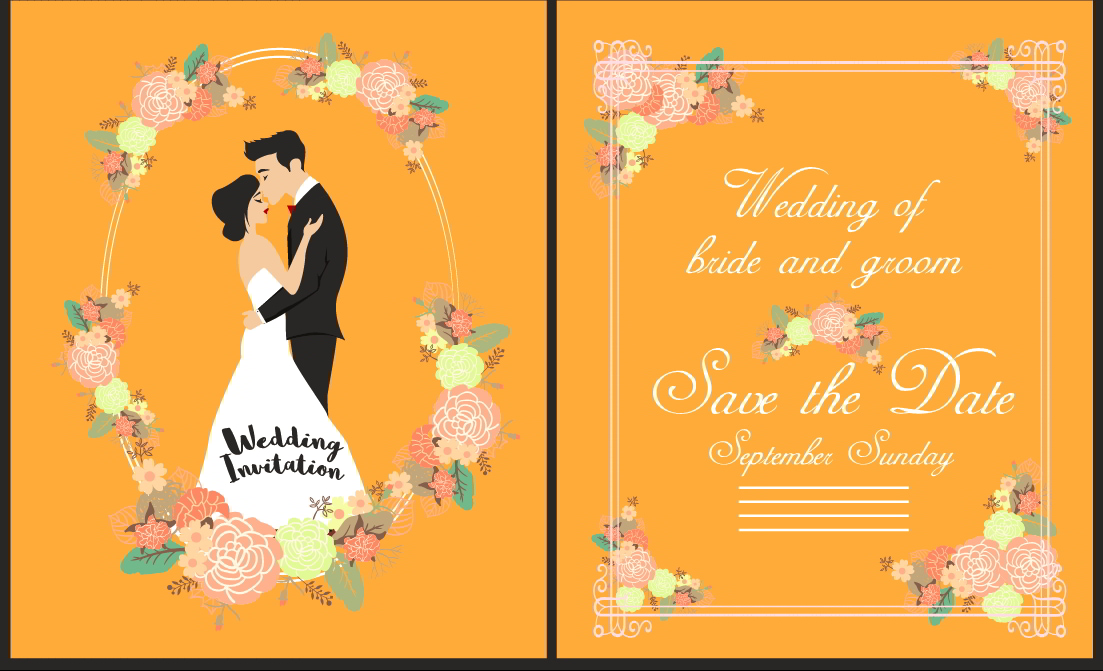Wedding Card Template Groom Bride Flowers Icons Ornament Illustrator Vector File