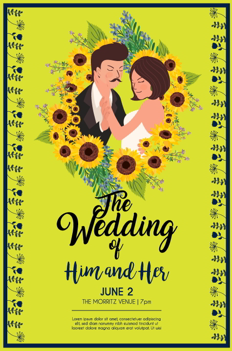 Wedding Card Template Groom Bride Sunflowers Icons Decor Illustrator Vector File