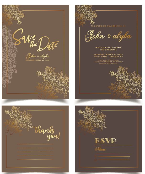 Wedding Card Template Luxury Elegant Flowers Dark Golden Illustrator Vector File