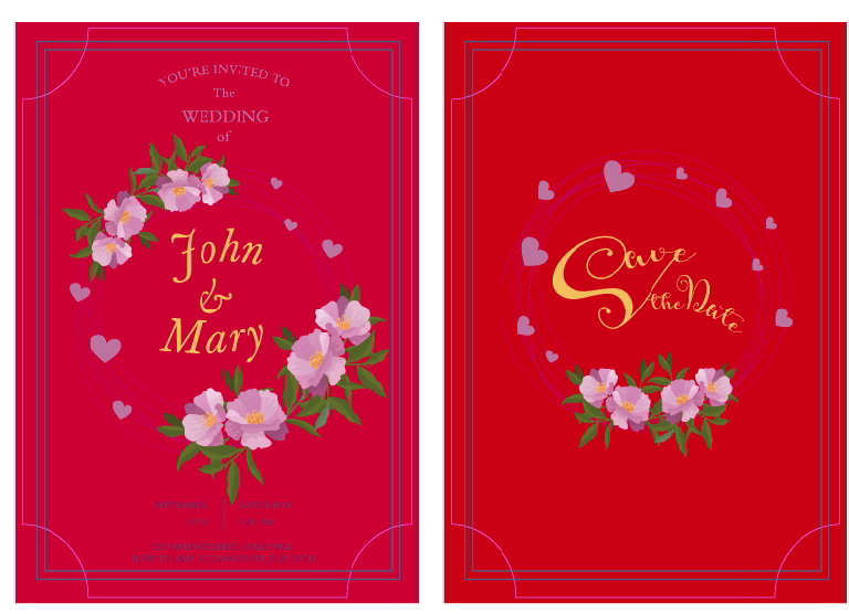 Wedding Card Template Purple Flowers Hearts Decoration Illustrator Vector File