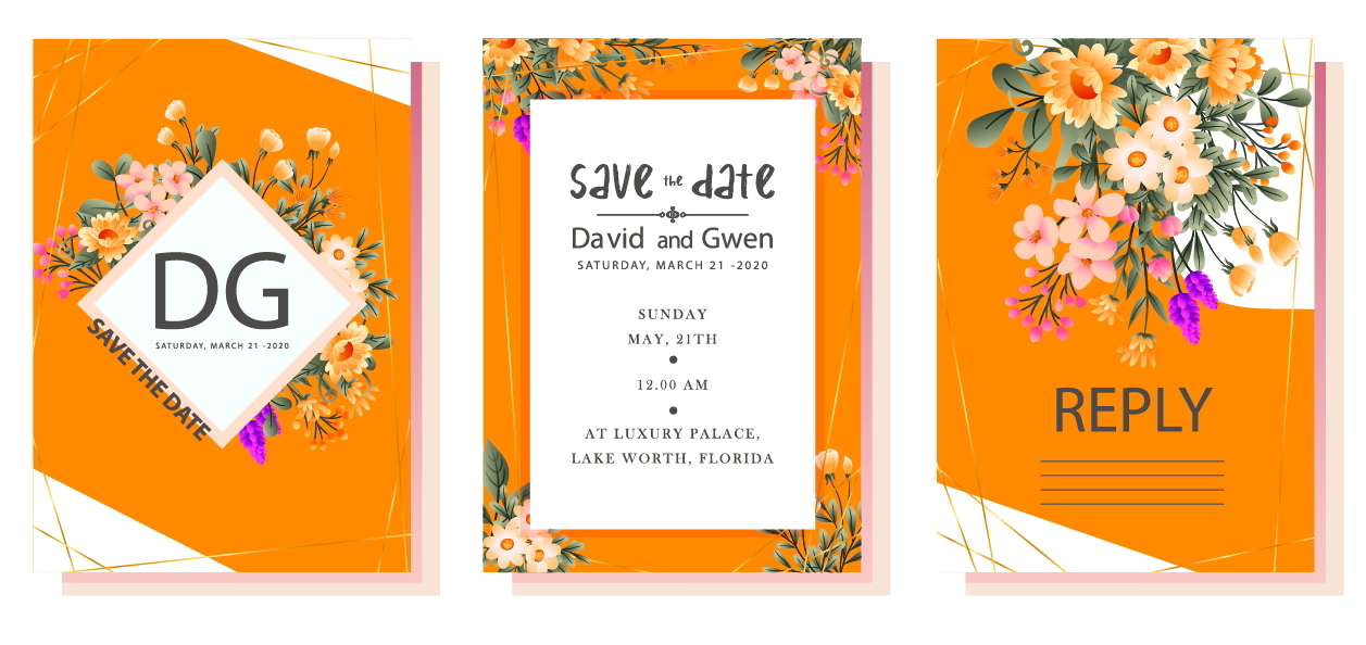 Wedding Cards Templates Elegant Colorful Classic Flowers Decor Illustrator Vector File