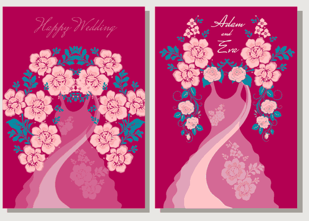 Wedding Invitation Card Template Elegant Bride Dress Floral Decor Free Vector