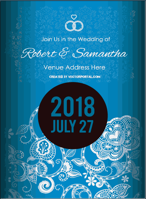 Wedding Invitation Card Template with Floral Decoration And Blue Background Free Vector