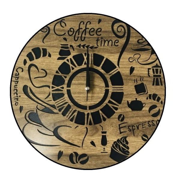 Wooden Coffee Time Wall Clock Engraving Template Laser Cut Vector File
