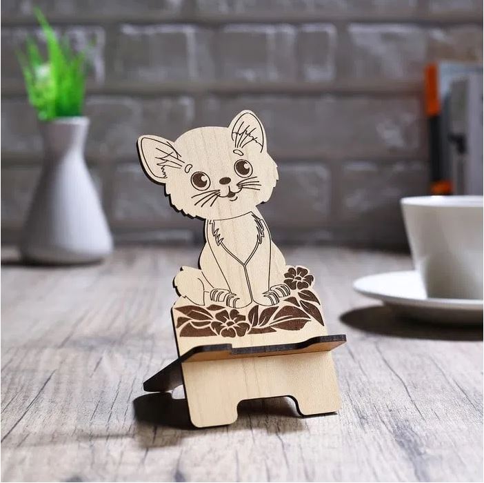 Wooden Engraved Cute Cat Phone Holder CDR Vectors File
