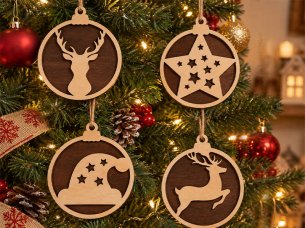 Laser Cut Christmas Tree Ornaments Bundle Reindeer Star and Santa Hat Designs