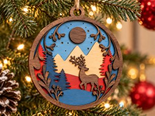 3D Layered Wooden Christmas Ornament Winter Deer Forest Laser Cut Design