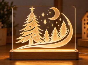 Laser Cut 3D Illusion Lamp Christmas Forest Moon and Stars Design