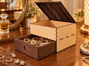 Laser Cut Wooden Two Tier Jewelry Box with Drawer Design