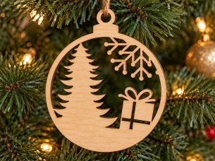 Laser Cut Plywood Christmas Tree Ornament with Snowflake and Gift Box