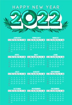 2022 Calendar Template Green Leaves Grass Decor Vector File