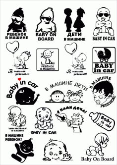 Baby In Car Stickers Set Free CDR Vectors File