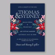 Blue Wedding Invitation Card Template with Elegant Flower Vector File