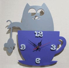 Children Wall Clock Cats and Mice Tea Cup Shape Wall Clock Design Laser Cut CDR File