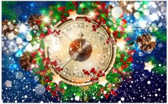 Christmas Template Design With Clock and Bokeh Background Free Vector
