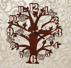CNC Laser Cut Tree Wall Clock With Birds And Butterflies Free CDR File