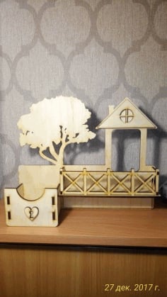 CNC Laser Cut Wooden Wall Shelf Key Holder With Fence And Tree Free CDR File