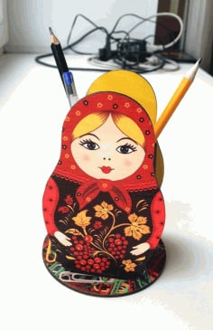 Colorful Russian Nesting Dolls Pencil Holder Laser Cut Free CDR File