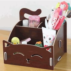 Cute Cat Wooden Storage Box Office Desktop Cosmetic Organizer C Laser Cut CDR File