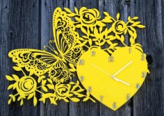 Decor Wall Clock With Butterfly Heart And Flowers Laser Cut CDR File