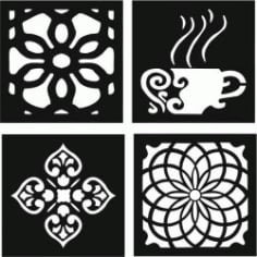 Decorative Motifs of Flower Squares And Coffee Cups for Laser Cut DXF File