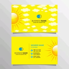 Flat Yellow Business Card Template with Sun and Clouds Vector File