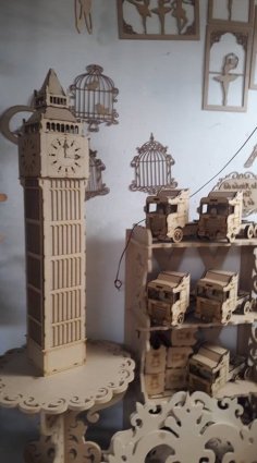 Laser Cut 3D Wooden Clock Tower Model DXF File
