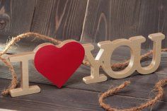 Laser Cut 3D Wooden Letters I Love You with A Red Heart Shape on A Stand CDR File