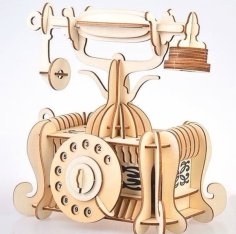 Laser Cut 3D Wooden Puzzle Telephone Model, Antique Telephone 3D Model CDR File