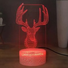 Laser Cut Acrylic LED Lamp Deer Head Christmas Decor 3D Illusion Lamp Engraving Vector File