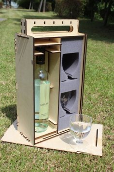 Laser Cut Bottle Organizer Wooden Box with Glass Rack DXF File
