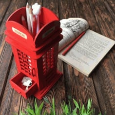 Laser Cut British Phone Booth Pencil Holder Free Vector CDR File