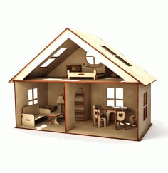 Laser Cut Cottage Dollhouse With Furniture Kids Toy Set Free Ai File