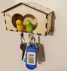 Laser Cut Cute Bird Couple Wooden House Wall Key Holder CDR File