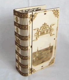 Laser Cut Engraved Wooden Book Shape Box with Lid CDR File